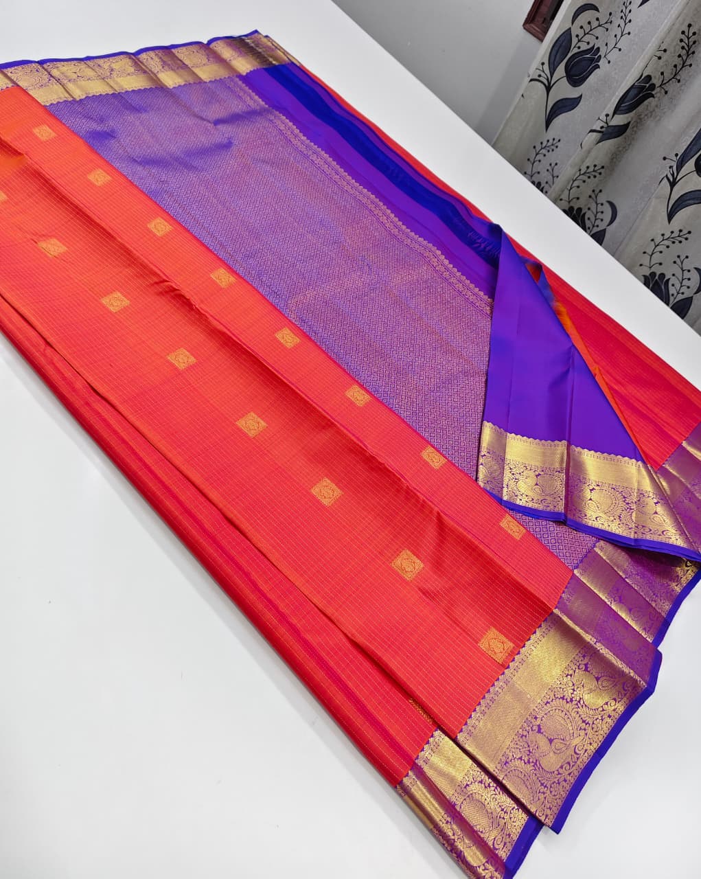Orange & Purple Contrast Kanjivaram Saree